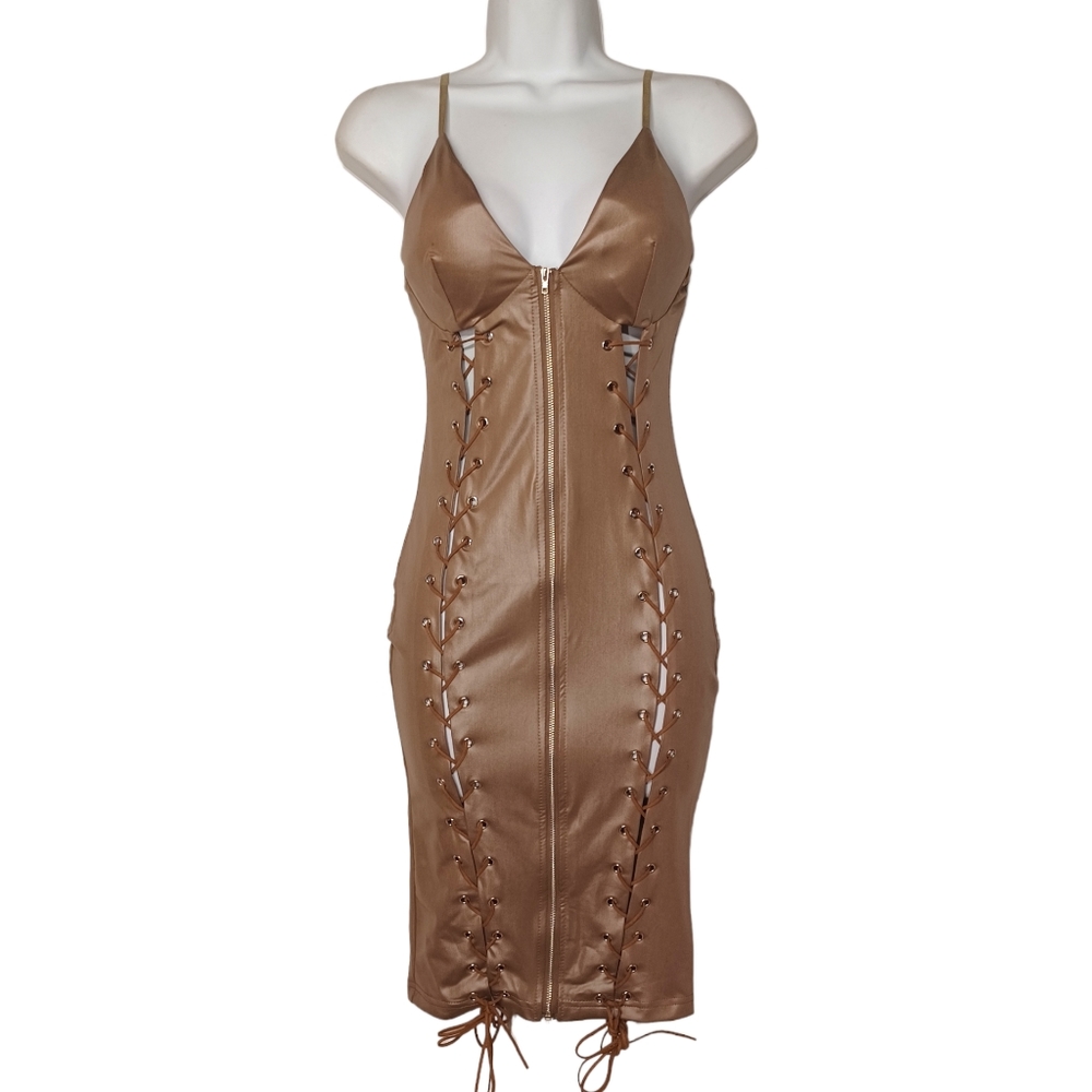 SAN JOY Olive Brown Lace Up Faux Leather Zipper Sleeveless Bodycon Dress S  NWT